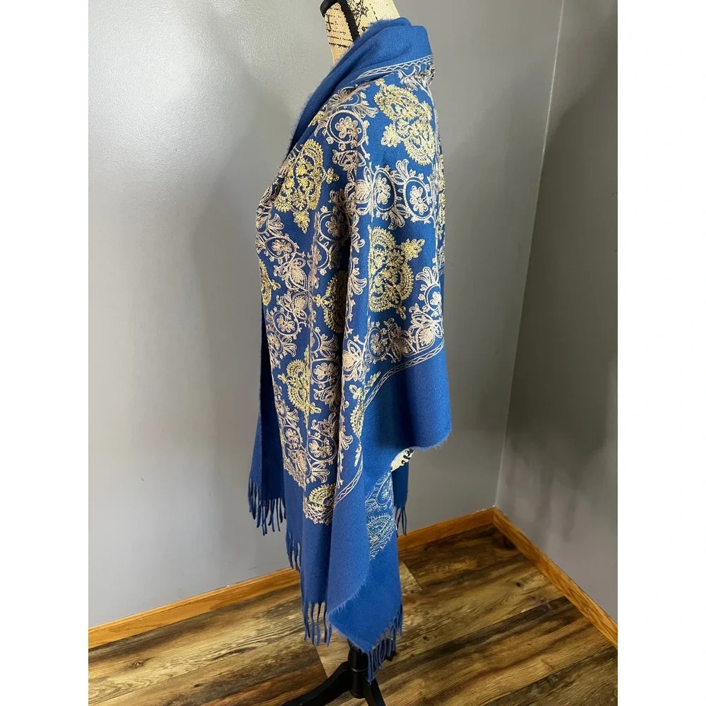Jessica McClintock Blue Gold Metallic Embroidered Fringe Wrap Shawl Pashmina NEW